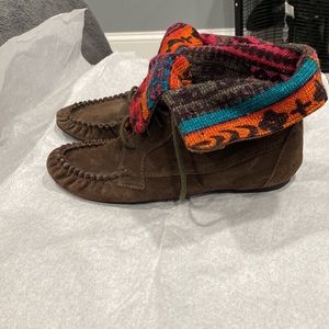 American Rag Suede Moccasins with Colorful Knit Cuff